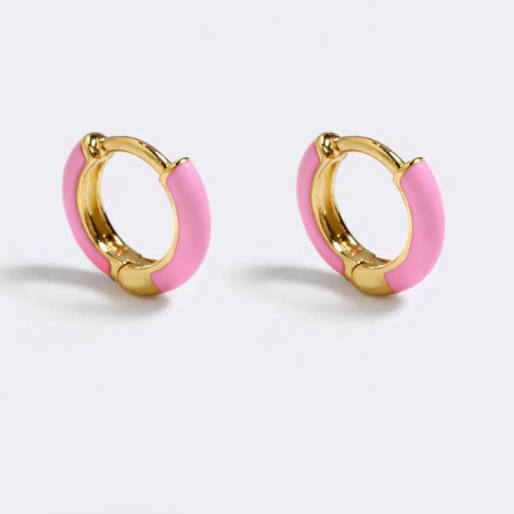 Emma Pills Mini Huggies Earings 14k Goldplated  Hand-painted Pink Enamel New